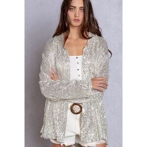 Pol Clothing Silver White Sequin Button Up Shirt Beach Cover Up Sparkly SMT1938